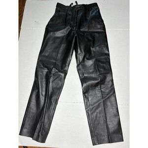 Vtg High Waist Black Genuine Leather Pleated Pants Biker‎ Goth Rocker 26" X 29"